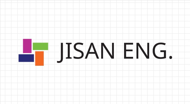 JISAN ENG. 로고 — 큐브 모양의 심볼과 로고타입